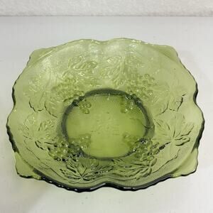 Vintage Anchor Hocking Green Footed Grape And Leaves Serving Bowl Trinket Dish